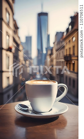 hot coffee on city background 110706511