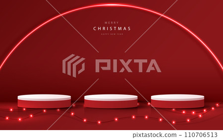 Podium shape for show cosmetic product display for christmas day or new years. Stand product showcase on red background with lighting christmas. vector design. Podium shape for show cosmetic product display for christmas day or new years. Stand product showcase on red background with lighting christmas. vector design. 110706513