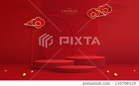 Podium stage chinese style for chinese new year and festivals or mid autumn festival with red background. mock up stage with festive lanterns and clouds. vector design. 110706529