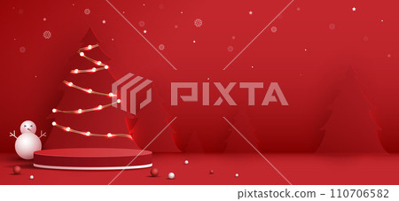 Podium shape for show cosmetic product display for christmas day or new years. Stand product showcase on red background with tree christmas. vector design. Podium shape for show cosmetic product display for christmas day or new years. Stand product showcase on red background with tree christmas. vector design. 110706582