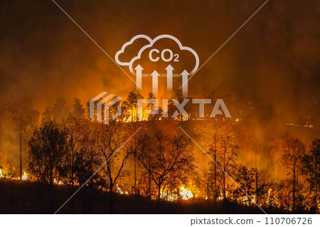 Climate change, wildfires release carbon dioxide (CO2) emissions and other greenhouse gases (GHG) that contribute to climate change. Climate change, wildfires release carbon dioxide (CO2) emissions and other greenhouse gases (GHG) that contribute to climate change. 110706726