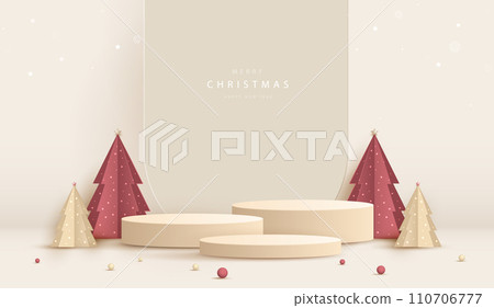 Podium shape for show cosmetic product display for christmas day or new years. Stand product showcase minimal on cream background with tree christmas. vector design. Podium shape for show cosmetic product display for christmas day or new years. Stand product showcase minimal on cream background with tree christmas. vector design. 110706777