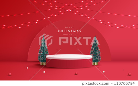 Podium shape for show cosmetic product display for christmas day or new years. stand product showcase on red background with tree christmas, golden ball and light. vector design. Podium shape for show cosmetic product display for christmas day or new years. stand product showcase on red background with tree christmas, golden ball and light. vector design. 110706784