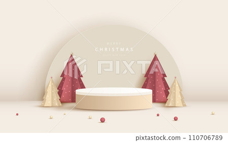Podium shape for show cosmetic product display for christmas day or new years. Stand product showcase minimal on cream background with tree christmas. vector design. Podium shape for show cosmetic product display for christmas day or new years. Stand product showcase minimal on cream background with tree christmas. vector design. 110706789
