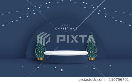 Podium shape for show cosmetic product display for christmas day or new years. stand product showcase on blue background with tree, ball and light christmas. vector design. Podium shape for show cosmetic product display for christmas day or new years. stand product showcase on blue background with tree, ball and light christmas. vector design. 110706791