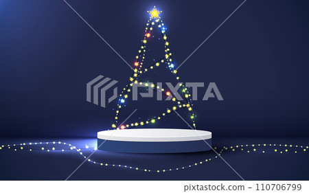 Podium shape for show cosmetic product display for Christmas day or New Years. Stand product showcase on blue background with light tree christmas. vector design. 110706799