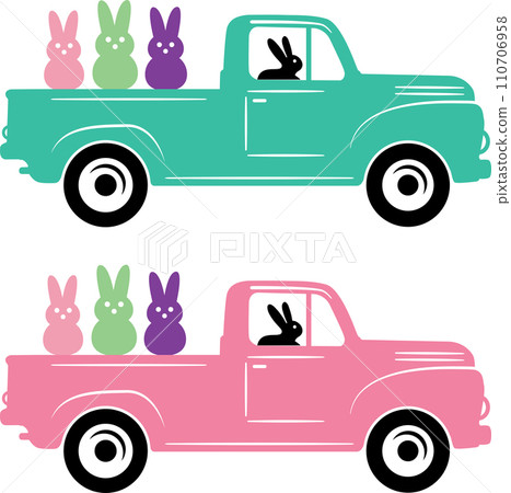 Easter Truck With Rabbit, Spring, Easter, Tulips Flower, Happy Easter Vector Illustration File 110706958