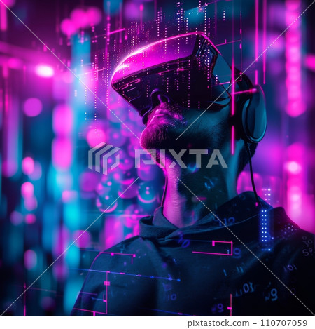 Man Experiencing Virtual Reality in Neon Lights 110707059