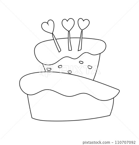 Birthday cake with decoration hearts, doodle black and white vector illustration of sweet treat. 110707092