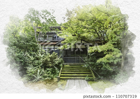 Watercolor style Yamashiro Onsen Yakuoin Onsenji Temple Kuri Kaga City, Ishikawa Prefecture 110707319