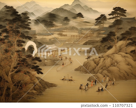 Sanzu River Ukiyo-e style illustration 110707321