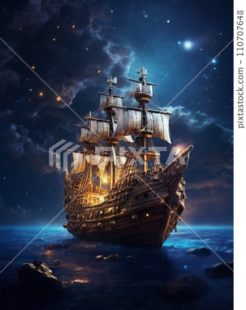 滿月之夜，一艘帆船漂浮在滿月和星空下的插圖 110707648