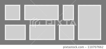 Set of postage stamps. Post stamp frame and border. Grey square and rectangular template for mail, postcard, letter. Jagged wavy edge forms. Vintage objects for poster, banner, badge, sticker. Vector Set of postage stamps. Post stamp frame and border. Grey square and rectangular template for mail, postcard, letter. Jagged wavy edge forms. Vintage objects for poster, banner, badge, sticker. Vector 110707662