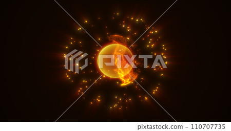 Energy yellow glowing cosmic magic sphere, futuristic round high-tech ball bright atom made of electricity, background 110707735