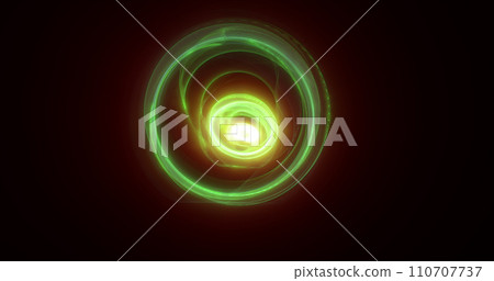 Abstract green rings spheres from energy magic waves of smoke circles and glowing lines on a black background 110707737