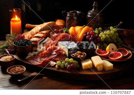 Various meat cuts, charcuterie, fruits and cheeses on a wooden board on the table Various meat cuts, charcuterie, fruits and cheeses on a wooden board on the table 110707887