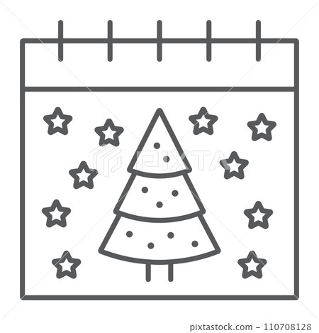 Christmas calendar thin line icon, date and new year, present and calendar sign, vector graphics, a linear pattern on a white background. Christmas calendar thin line icon, date and new year, present and calendar sign, vector graphics, a linear pattern on a white background. 110708128