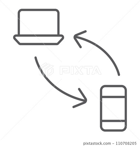 Data transferring from laptop to smartphone thin line icon, technology and transfer, synchronization sign, vector graphics, a linear pattern on a white background. 110708205