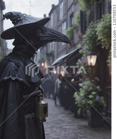 Creepy man wearing a plague mask (AI generated image) 110708553