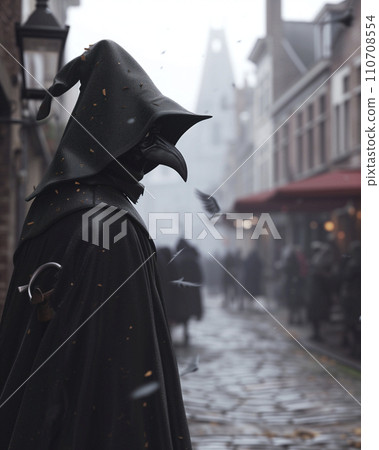 Creepy man wearing a plague mask (AI generated image) 110708554