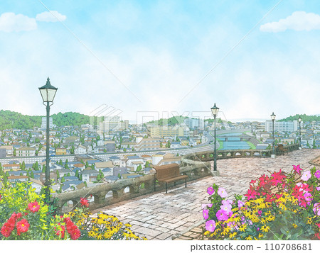 House, residential, town, watercolor style, hand-drawn, flower, illustration, background, BG 110708681