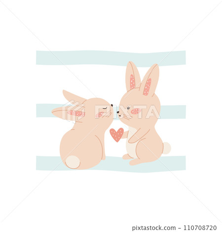 Сute couple of rabbits in love. Funny print for Valentine's day. Simple isolated vector illustration. 110708720