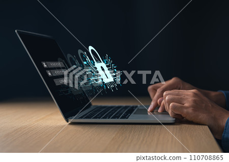 Businessman using laptop with cyber security icons screen. Digital information technology and cyber security concept. Businessman using laptop with cyber security icons screen. Digital information technology and cyber security concept. 110708865