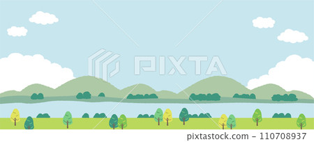 Illustration of meadow landscape with blue sky, mountains and river 110708937