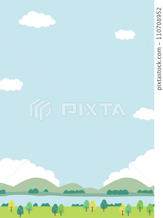 Illustration of meadow landscape with blue sky, mountains and river Illustration of meadow landscape with blue sky, mountains and river 110708952