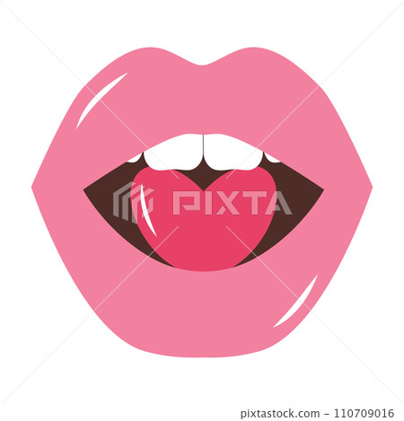 Female lips holding pink heart. Valentine's day romantic clipart. Lipstick makeup icon. Sexy mouth. Vector illustration in flat style. Female lips holding pink heart. Valentine's day romantic clipart. Lipstick makeup icon. Sexy mouth. Vector illustration in flat style. 110709016