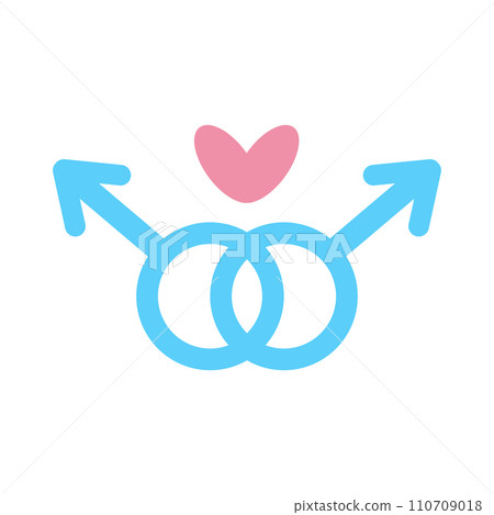 Two blue males symbols with heart. Flat vector illustration. Two blue males symbols with heart. Flat vector illustration. 110709018