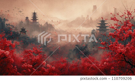 Celebrate the Spring Festival: Chinese Cultural Themes Amidst Dazzling Urban Scenery on a Red Background 110709206