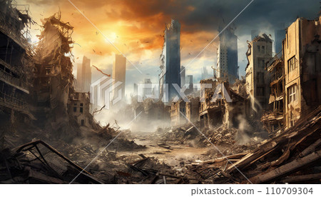 燒毀建築城市的風景(AI 生成圖像) 燒毀建築城市的風景(AI 生成圖像) 110709304