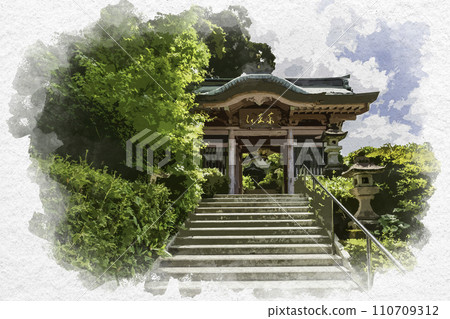 Watercolor style Yamashiro Onsen Yakuoin Onsenji Temple Niomon Kaga City, Ishikawa Prefecture 110709312