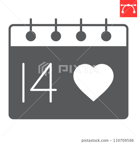 Valentines day calendar glyph icon, love and holiday, calendar vector icon, vector graphics, editable stroke solid sign, eps 10. 110709586