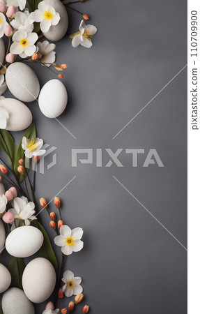 AI-generated content. Festive Easter background. Easter eggs with flowers on a grey table. Flat lay. 110709900