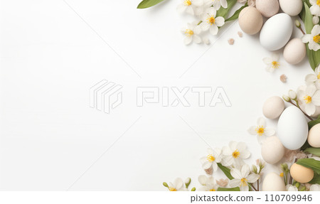 AI-generated content. Festive Easter background. Easter eggs with flowers on a white table. Flat lay. 110709946