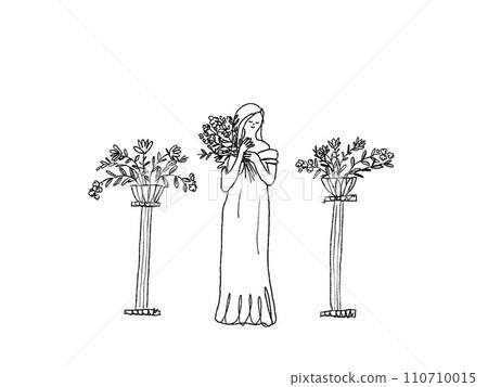 A woman in a dress with a bouquet of flowers, a flower stand, botanicals, no text 110710015