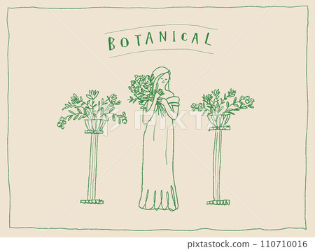 A woman in a dress holding a bouquet of flowers, a flower stand, botanical colors 110710016