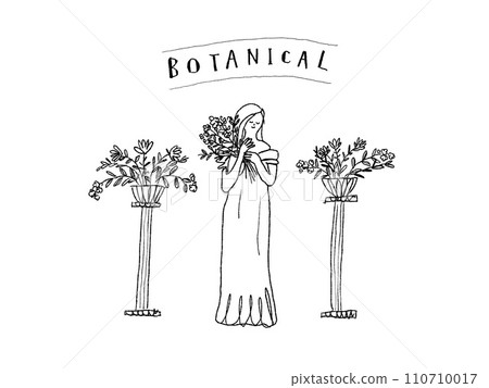 A woman in a dress holding a bouquet of flowers, a flower stand, and botanicals 110710017