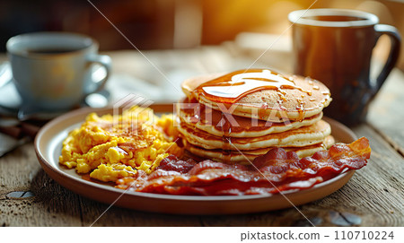 Classic American breakfast with pancakes and bacon. Generative AI. 110710224