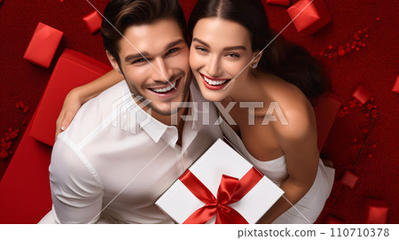 Handsome guy giving present to girlfriend on red background, Valentines day gift promotion advertising. generative ai 110710378
