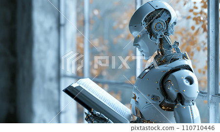 Artificial intelligence robot reading book, machine learning and futuristic innovative technology concept. generative ai 110710446
