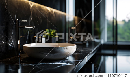 Black marble countertop and round washbasin modern luxury restroom interiors, spa like bathroom. generative ai 110710447