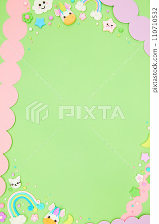 pastel green kawaii flyer background with cute cartoon animals, unicorns, decor pastel green kawaii flyer background with cute cartoon animals, unicorns, decor 110710532