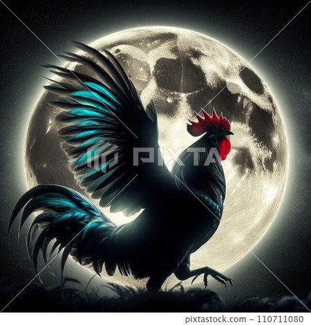 Silhouette of a chicken looking up at the full moon 110711080