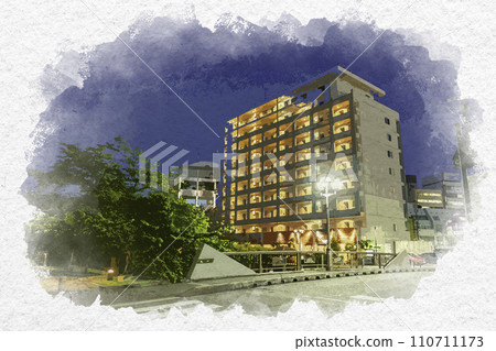 水彩畫風格、富山市、富山縣富山市松川沿岸的街道、龜井橋 110711173