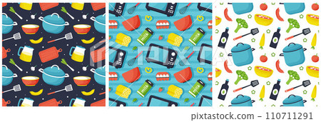 Set of Cooking Equipment Seamless Pattern Design Illustration in Flat Cartoon Template Hand Drawn 110711291