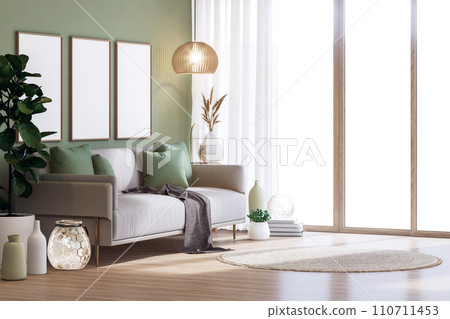 Modern contemporary pastel green wall living room 3d render 110711453
