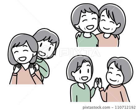 Friendly senior female couple (hugging shoulders/joining hands) 110712192